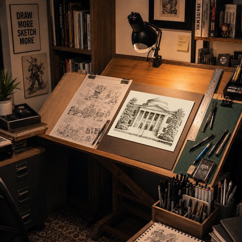 Op de afbeelding: Een goed verlichte kunstwerkplaats met een houten tekentafel. De tafel bevat een gedetailleerde architectonische tekening en een stripverhaal. Verschillende pennen, potloden en kunstbenodigdheden zijn netjes geordend. Een zwarte bureaulamp verlicht de werkruimte.