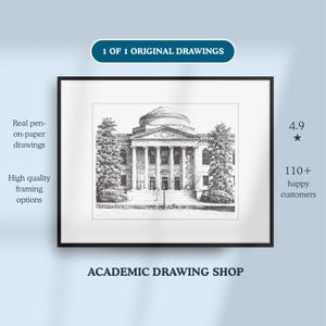 Op de afbeelding: Een ingelijste pen-op-papier tekening van een gebouw met zuilen en een koepeldak. Het kunstwerk zit in een zwart frame met een witte passe-partout. De tekst "1 OF 1 ORIGINAL DRAWINGS" staat bovenaan. De winkelnaam is "ACADEMIC DRAWING SHOP".