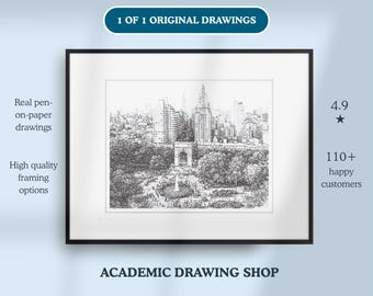 Original Drawing of NYU's Washington Square Park, NYC – Framed and Matted Pen Plotter Art - Unique Grad Gift