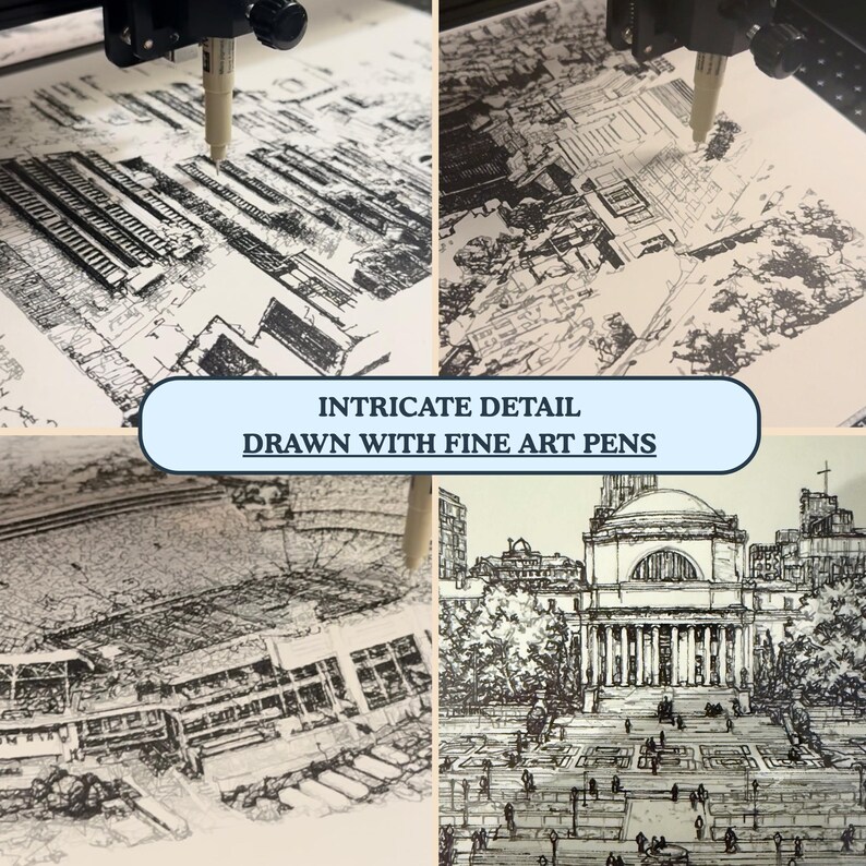 Op de afbeelding: Vierdelig beeld met gedetailleerde architectuurtekeningen in zwart-wit. De tekst "Intricate Detail Drawn with Fine Art Pens" staat in een lichtblauw ovaal. De tekeningen tonen gebouwen en stadsgezichten, gemaakt met fijne lijnen.