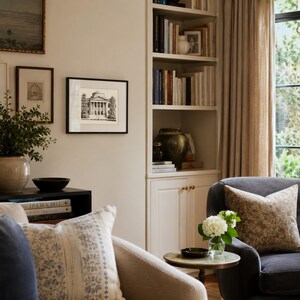 Op de afbeelding: Een gezellige woonkamer met een zwart-wit architectuurprint in een lijst. De kamer heeft een ingebouwde boekenkast vol boeken, een comfortabele fauteuil en decoratieve kussens. Een kleine bijzettafel houdt een vaas met bloemen.