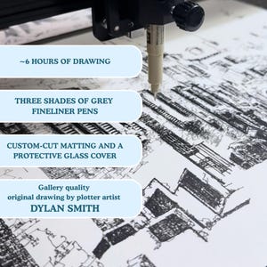 Op de afbeelding: Een gedetailleerde zwart-wit tekening in uitvoering, gemaakt met drie grijstinten fineliner pennen. Het kunstwerk, dat ongeveer 6 uur in beslag neemt, is van plotterkunstenaar Dylan Smith. Het heeft een op maat gesneden passe-partout en een beschermende glazen afdekking.