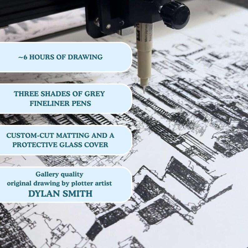 Op de afbeelding: Een gedetailleerde zwart-wit tekening in uitvoering, gemaakt met drie grijstinten fineliner pennen. Het kunstwerk, dat ongeveer 6 uur in beslag neemt, is van plotterkunstenaar Dylan Smith. Het heeft een op maat gesneden passe-partout en een beschermende glazen afdekking.