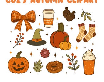 Retro Autumn Clipart Set | Pumpkin Spice, Halloween (PNG, SVG)