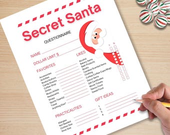 May include: A printable Secret Santa questionnaire with a red and white striped border. The questionnaire includes sections for name, dollar limit, favorites, likes, gift ideas, and practicalities. A cartoon Santa Claus is in the top left corner.