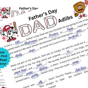 May include: A Father's Day Adlibs game sheet with baseball-themed illustrations and the word "DAD" in large letters. The sheet includes fill-in-the-blank prompts for a fun story, with a baseball and bat cartoon character.