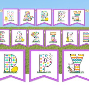 May include: A printable Happy Easter banner with colorful letters decorated with Easter-themed patterns. Each letter is on a separate banner with a purple border.