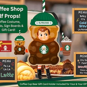 Accesorios imprimibles de elfo navideño para cafetería, accesorios para travesuras navideñas y porta tarjetas de regalo con forma de oso para taza de café (descarga digital)