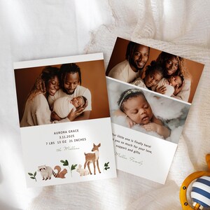 Woodland Birth Announcement, Custom Newborn Photo Card, Baby Announcement Template, CFC101