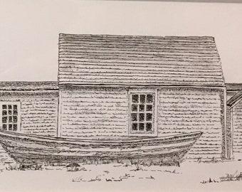 Monhegan Lighthouse Dory pen and ink print.