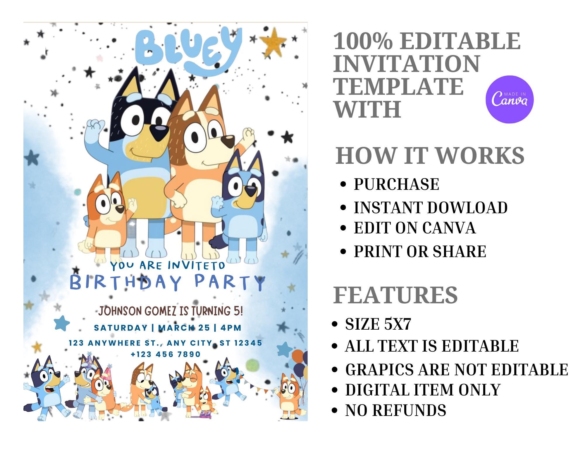 Blue Dog Editable Birthday Invitation
