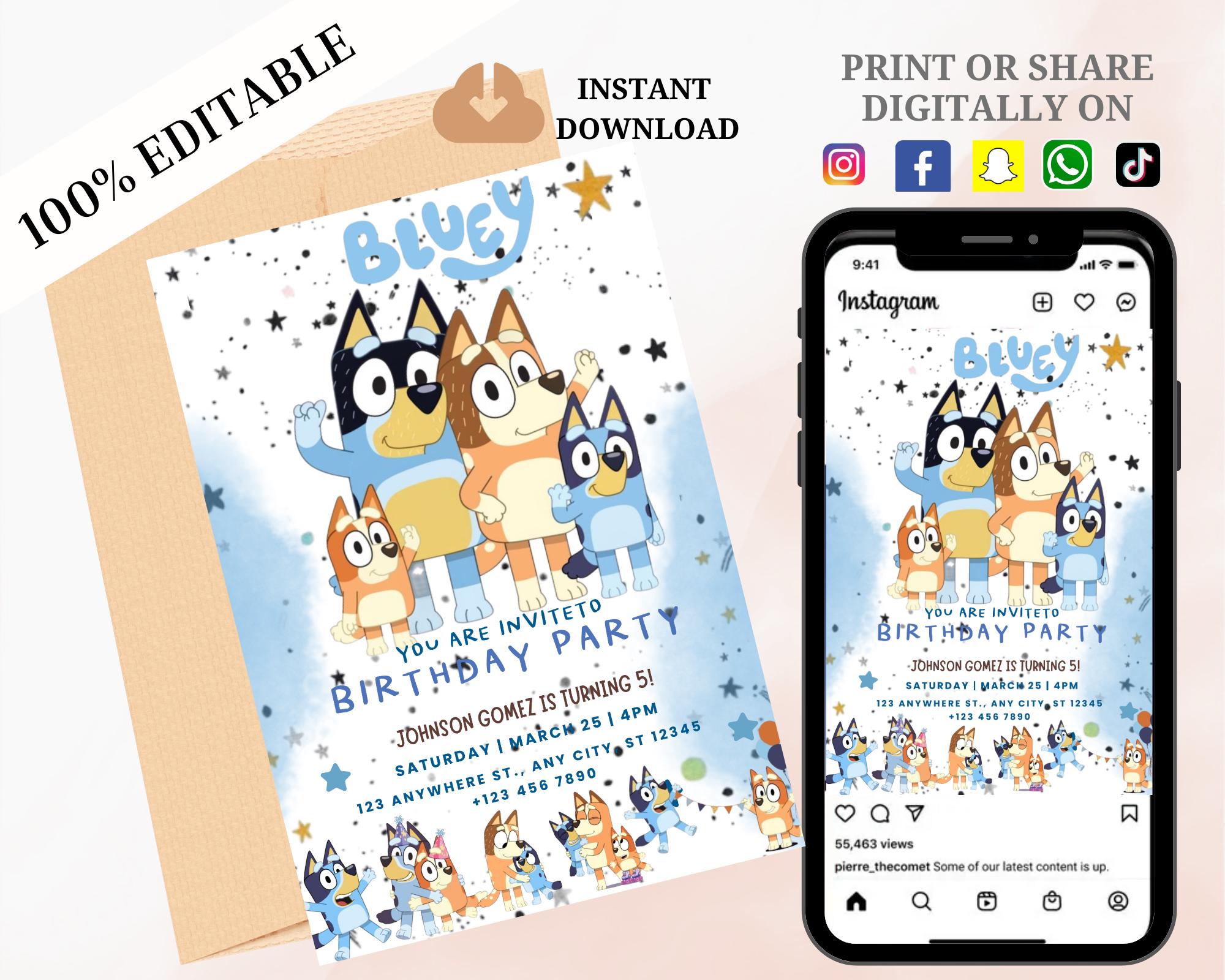 Blue Dog Editable Birthday Invitation