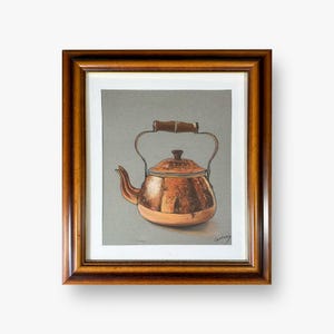Dipinto originale di natura morta a pastello – Teiera antica in rame – Dipinto su carta Canson con cornice in legno – Arte decorativa