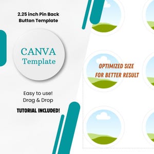 Könnte beinhalten: Eine Canva-Vorlage zum Erstellen von 2,25 Zoll großen Anstecknadeln. Die Vorlage zeigt einen grünen Hügel mit blauem Himmel und einer weißen Wolke. Der Text "OPTIMIZED SIZE FOR BETTER RESULT" wird auf dem Knopf angezeigt.
