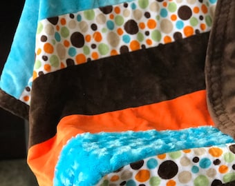 Striped Minky Blanket, Blue Orange Baby Boy Blanket, Soft Toddler Blanket, Handmade Baby Gift