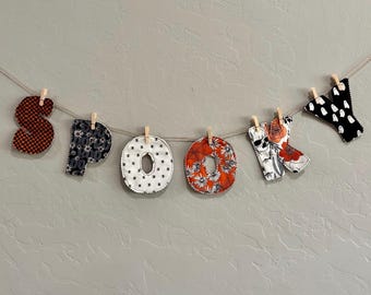 Spooky Halloween Fabric Banner, Handmade Halloween Garland, Orange Black Halloween Decor, Spooky Mantel Decor