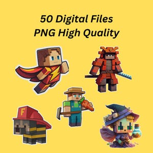 Minecraft-Inspired Pixel Character Set | 50 PNG Stickers | Gamer Style Clipart for POD & Digital Use | 300 DPI Transparent