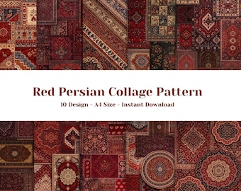 Op de afbeelding: Een collage van rode Perzische tapijtpatronen. De afbeelding toont diverse ontwerpen, waaronder bloemen, geometrische en medaillonmotieven. De tekst "Red Persian Collage Pattern" en "10 Design - A4 Size - Instant Download" worden weergegeven.