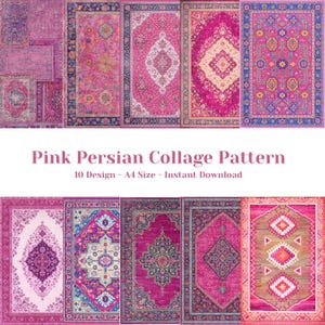 May include: A collage of ten pink Persian rug designs. The rugs feature intricate patterns in shades of pink, fuchsia, and magenta, with detailed borders and central medallions. The text "Pink Persian Collage Pattern" is displayed.
