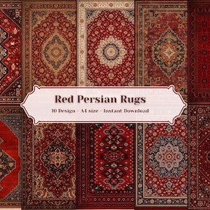 May include: Ten designs of red Persian rugs are displayed, each with detailed patterns and borders. The rugs showcase central medallions and floral motifs in red, gold, and black. The text "Red Persian Rugs" is visible on a banner.