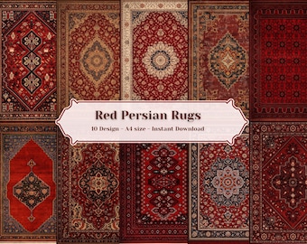 Red Persian Rug Prints | Vintage Oriental Carpet, Boho Decor (A4 Digital Download)