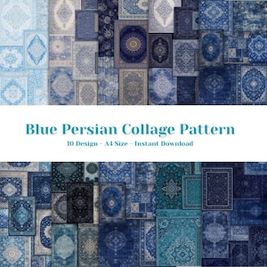 May include: A collage of various blue Persian rug designs. The image features a variety of patterns and shades of blue, from light to dark, with intricate details. Text at the bottom reads "Blue Persian Collage Pattern" and "10 Design - A4 Size - Instant Download."