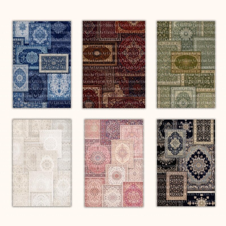 Printable Blue Rug Persian Rug Collage Printable Wall Art | Vintage Oriental Rugs ...