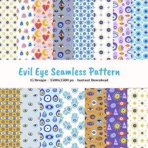 May include: A collection of 15 "Evil Eye Seamless Pattern" designs. The patterns feature various eye motifs, hearts, and geometric shapes in shades of blue, gold, pink, and white. The text "Evil Eye Seamless Pattern" and other details are displayed.