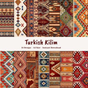 Turkish Kilim Pattern Bundle, Ethnic Tribal Digital Paper, Boho Geometric Designs (A4 Download)