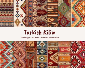 Paquete de patrones Kilim turcos, papel digital étnico tribal, diseños geométricos bohemios (descarga en formato A4)