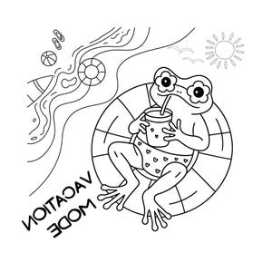 May include: A black and white line art illustration of a frog wearing flower-shaped sunglasses and heart-patterned swim trunks, floating on an inner tube while drinking from a cup. The text VACATION MODE is visible, along with a sun and beach items.