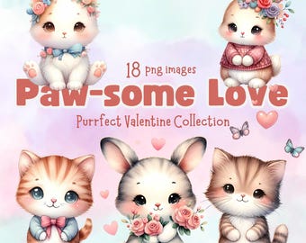 Cute Bunnies and Cats on Valentines PNG images Watercolor Cat Watercolor Rabbit Valentines Balloon Adorable Bunny and Cat Couple Valentines