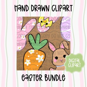 May include: Hand-drawn Easter-themed clipart bundle featuring a carrot, bunny, and cracked egg. The designs are in pastel colors with floral accents. Text includes "HAND DRAWN CLIPART" and "EASTER BUNDLE". A digital clipart label is also present.