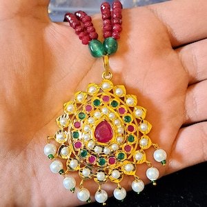 Handmade punjabi jadau pendent Mala set ruby with emerald and real pearl.