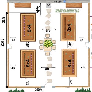 May include: A detailed garden plan with dimensions in feet. The design includes four 8x4 raised garden beds, a central seating area, stepping stones, and a water spigot. The plan is labeled "TERRY GARDENS LLC".