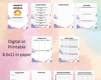 May include: A 25-page anxiety journal with a soft pastel background. The journal includes pages for checklists, mood analysis, and dream notes. The cover features the title "ANXIETY JOURNAL" and the text "This Book Belongs To". The journal is 8.5x11 inches.