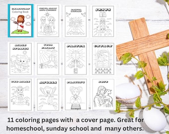 May include: A set of 11 black and white coloring pages featuring Christian themes. The pages include images of Jesus, angels, prayer, the Bible, church, good Friday, and more. The cover page features the text "Christian Coloring Book".