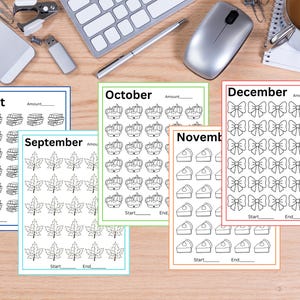 Puede incluir: Hojas de seguimiento imprimibles en blanco y negro para cada mes del año. Los meses son agosto, septiembre, octubre, noviembre y diciembre. Cada hoja tiene un título, un espacio para la cantidad, una fecha de inicio y una fecha de finalización, y una cuadrícula de imágenes para colorear.