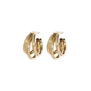 May include: A pair of gold-colored hoop earrings. Each earring features three connected hoops, creating a layered effect. The earrings have a polished, shiny finish and a classic, elegant design.