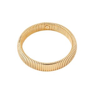 May include: A gold-colored bracelet with a ribbed design. The bracelet is circular and appears to be made of metal. The clasp is visible at the top of the bracelet. The bracelet is a jewelry item.