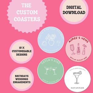 Posavasos personalizados para eventos: posavasos personalizados para bodas, regalos de despedida de soltera, decoración para fiestas de cumpleaños - Plantilla editable - Descarga digital
