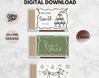 Puede incluir: Una descarga digital con tres diseños de etiquetas de cajas de cerillas. Las etiquetas incluyen texto como "Mr & Mrs Smith" y "The Perfect Match". La imagen también incluye el texto "Editable Matchbox Label Bundle Digital Download".