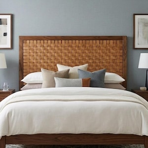 Luxury Walnut Headboard with Woven Tan Leather, Exclusive Artihandmade® Original Design for Bedroom