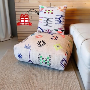 Set of 2 Kilim Ottoman Poufs: Large Vintage Wool Square Pouf + Free Cushion