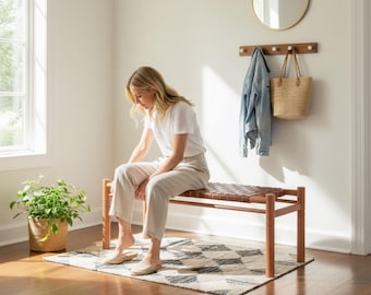 Handcrafted Scandinavian Leather Bench | Teak Wood Entryway & Bedroom Seating