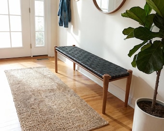 Solid Teak & Black Leather Bench for Entryway, End of Bed, Japandi Furniture