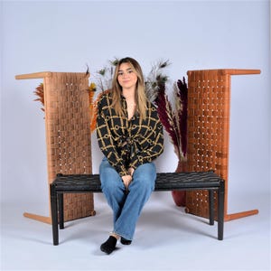 Handcrafted Woven Leather Bench: Mid-Century Modern Teak Frame