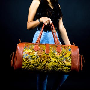Seesack,Leder Kilim Reisetasche, Kilim Reisetasche,Kabinenreisetasche, Weekender Tasche, Geschenktasche, Vintage Tasche - Cognac & Aurora Kilim