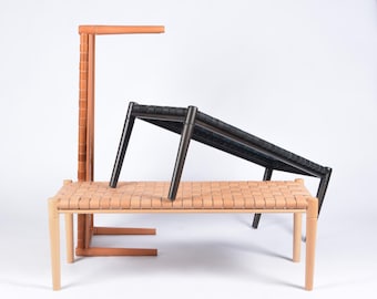 Handgemaakte geweven halbank: bank met teakhouten frame in mid-century modern stijl
