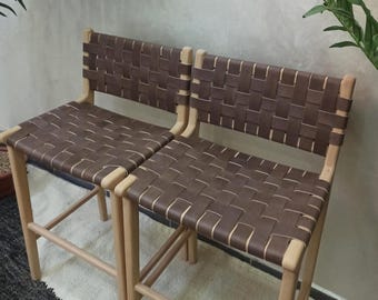 Woven Leather Counter Stools - Natural Teak Wood With Brown Leather